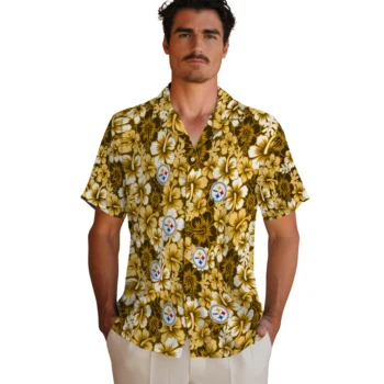 pittsburgh steelers hibiscus blooms gold hawaiian shirts fashion forward