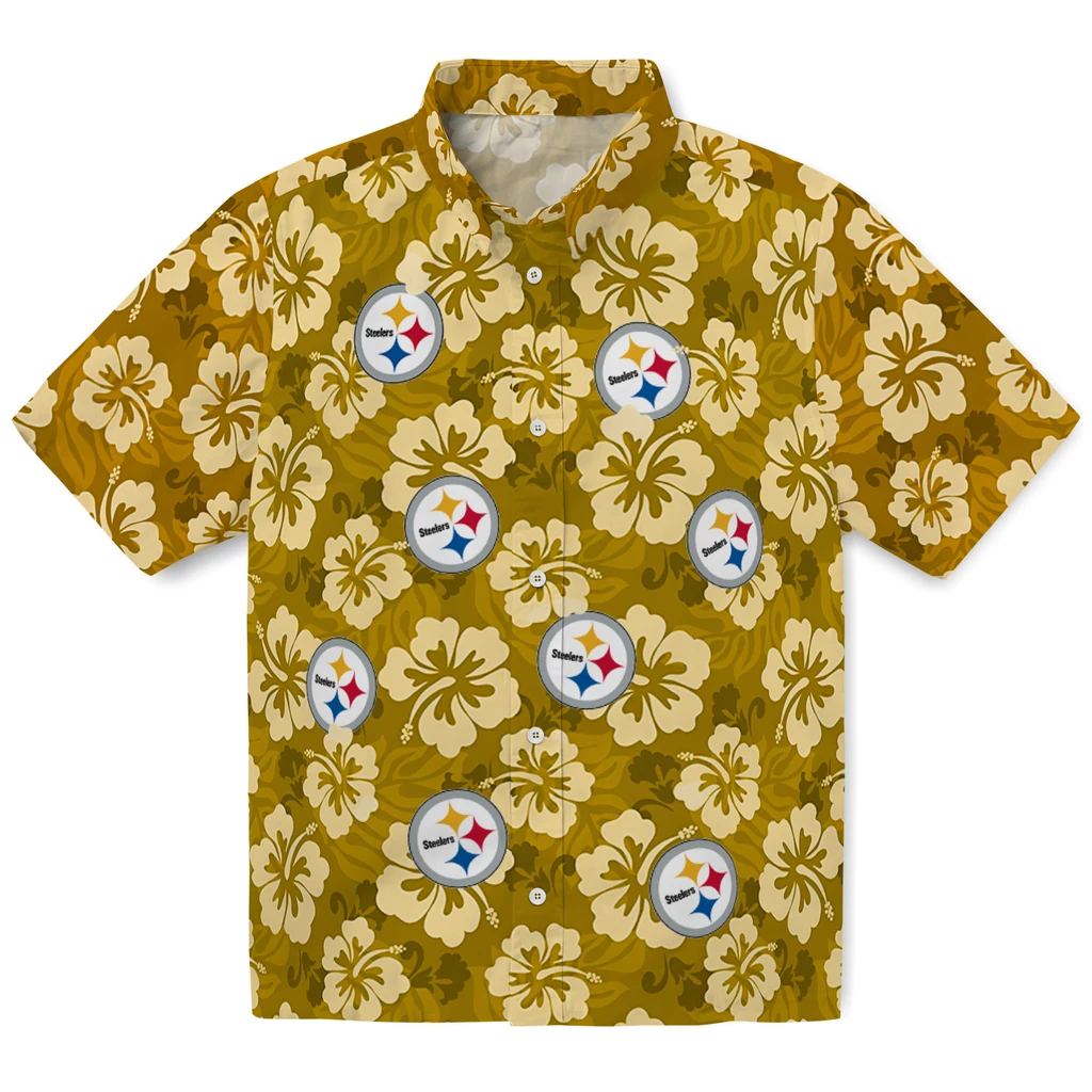 Pittsburgh Steelers Hawaiian Shirt - Hibiscus Cluster pittsburgh steelers hibiscus cluster gold hawaiian shirts best selling
