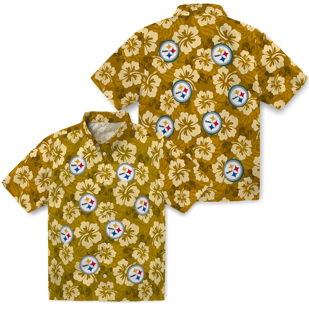 Pittsburgh Steelers Hawaiian Shirt - Hibiscus Cluster pittsburgh steelers hibiscus cluster gold hawaiian shirts high quality
