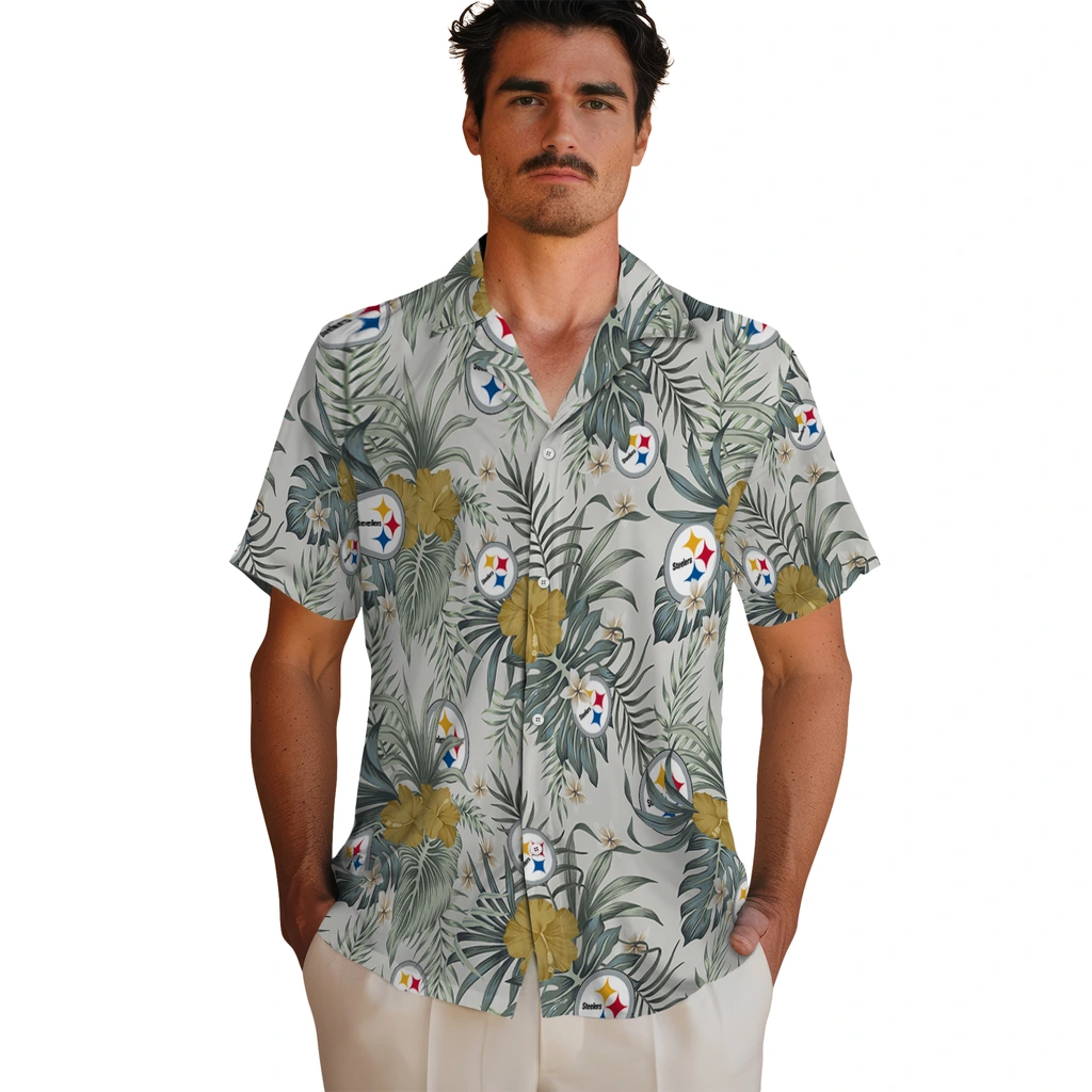 Pittsburgh Steelers Hawaiian Shirt - Hibiscus Designs pittsburgh steelers hibiscus designs beige hawaiian shirts fashion forward