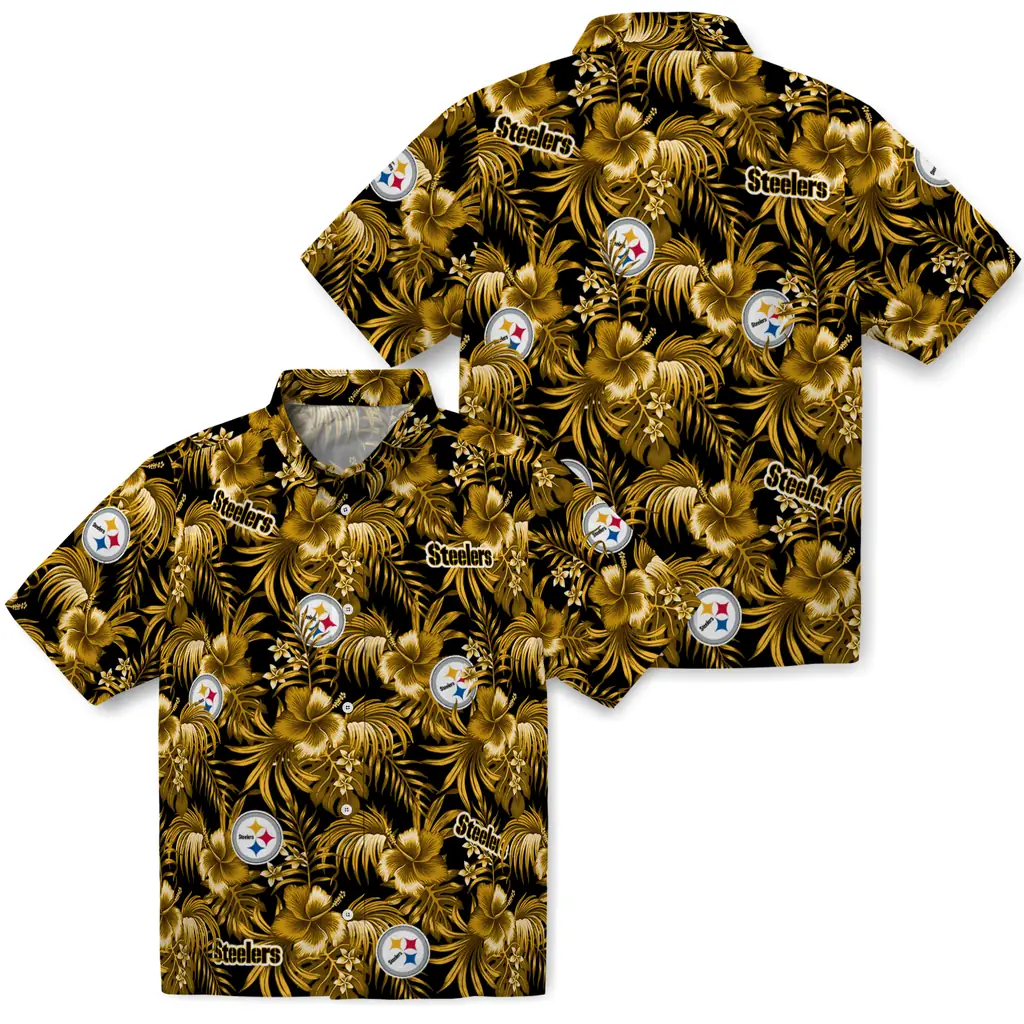 Pittsburgh Steelers Hawaiian Shirt - Hibiscus Exotic pittsburgh steelers hibiscus exotic gold hawaiian shirts high quality