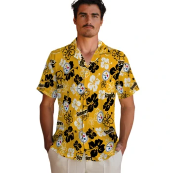 pittsburgh steelers hibiscus bloom gold hawaiian shirts fashion forward