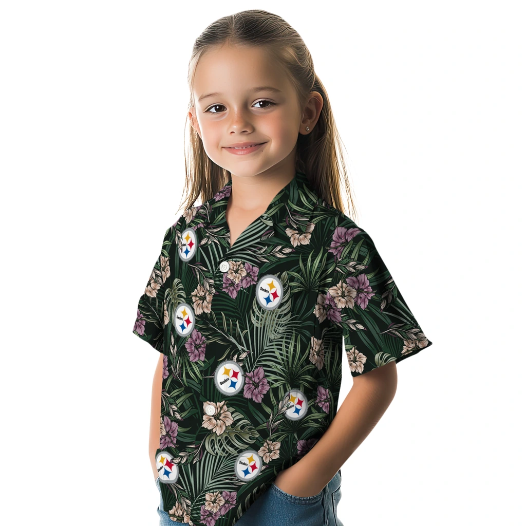 Pittsburgh Steelers Hawaiian Shirt - Hibiscus Leaves Pattern pittsburgh steelers hibiscus leaves pattern green hawaiian shirts premium grade