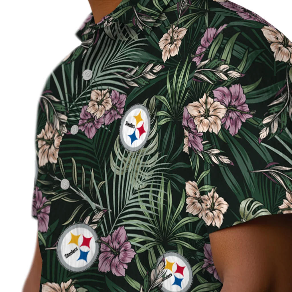 Pittsburgh Steelers Hawaiian Shirt - Hibiscus Leaves Pattern pittsburgh steelers hibiscus leaves pattern green hawaiian shirts trendy