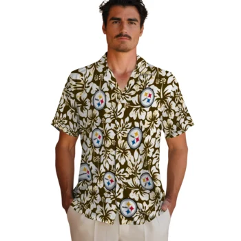 pittsburgh steelers hibiscus motif gold white hawaiian shirts fashion forward