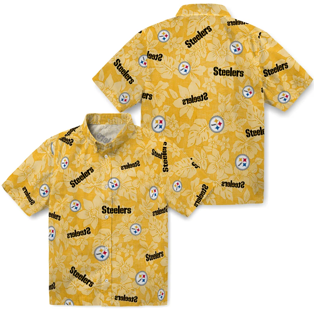 Pittsburgh Steelers Hawaiian Shirt - Hibiscus Oasis pittsburgh steelers hibiscus oasis gold hawaiian shirts high quality