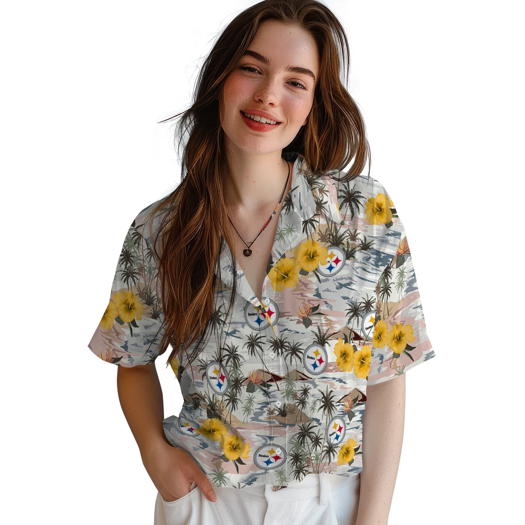 Pittsburgh Steelers Hawaiian Shirt - Hibiscus Seaside pittsburgh steelers hibiscus seaside white hawaiian shirts latest model