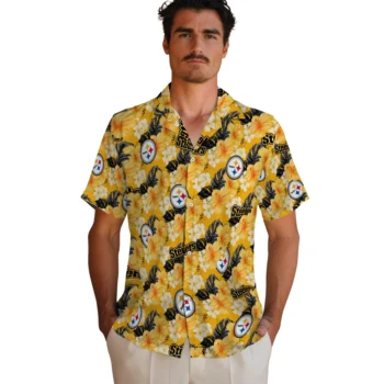 pittsburgh steelers hibiscus tropics gold yellow hawaiian shirts fashion forward