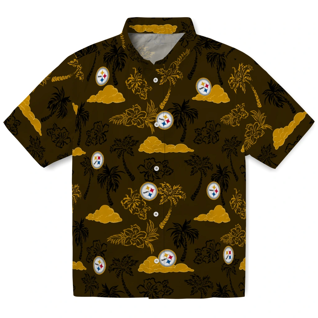 Pittsburgh Steelers Hawaiian Shirt - Palm And Clouds pittsburgh steelers palm and clouds gold hawaiian shirts best selling