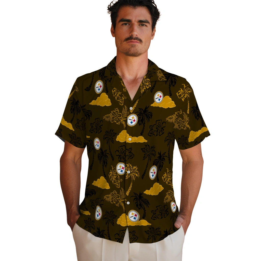 Pittsburgh Steelers Hawaiian Shirt - Palm And Clouds pittsburgh steelers palm and clouds gold hawaiian shirts fashion forward