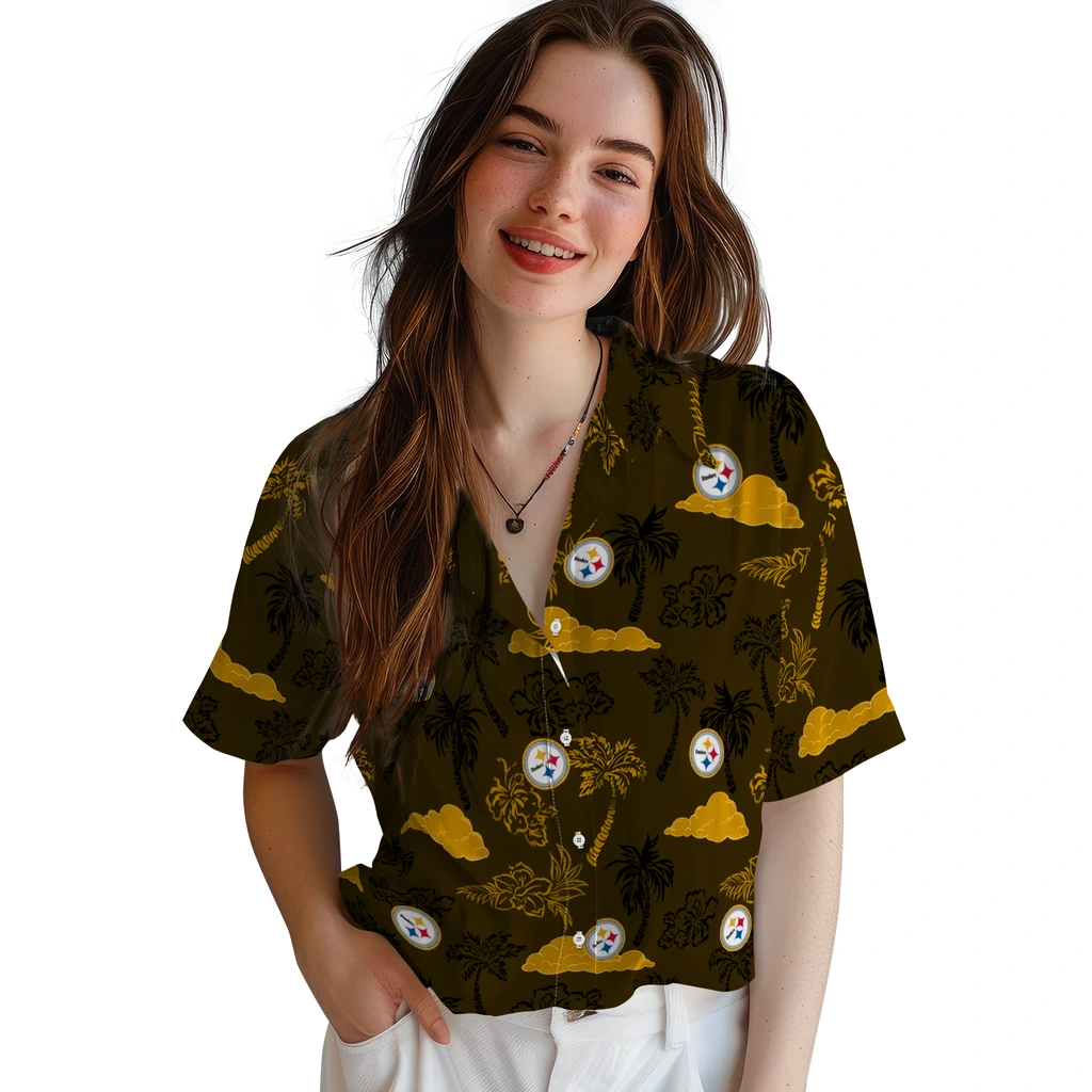 Pittsburgh Steelers Hawaiian Shirt - Palm And Clouds pittsburgh steelers palm and clouds gold hawaiian shirts latest model