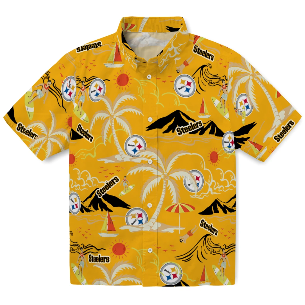 Pittsburgh Steelers Hawaiian Shirt - Palm Tree Island pittsburgh steelers palm tree island gold hawaiian shirts best selling