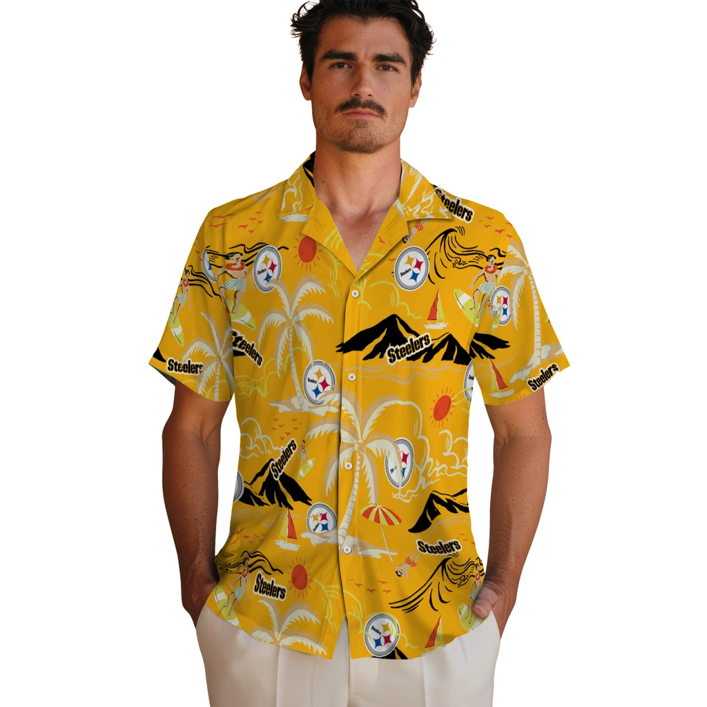 Pittsburgh Steelers Hawaiian Shirt - Palm Tree Island pittsburgh steelers palm tree island gold hawaiian shirts fashion forward