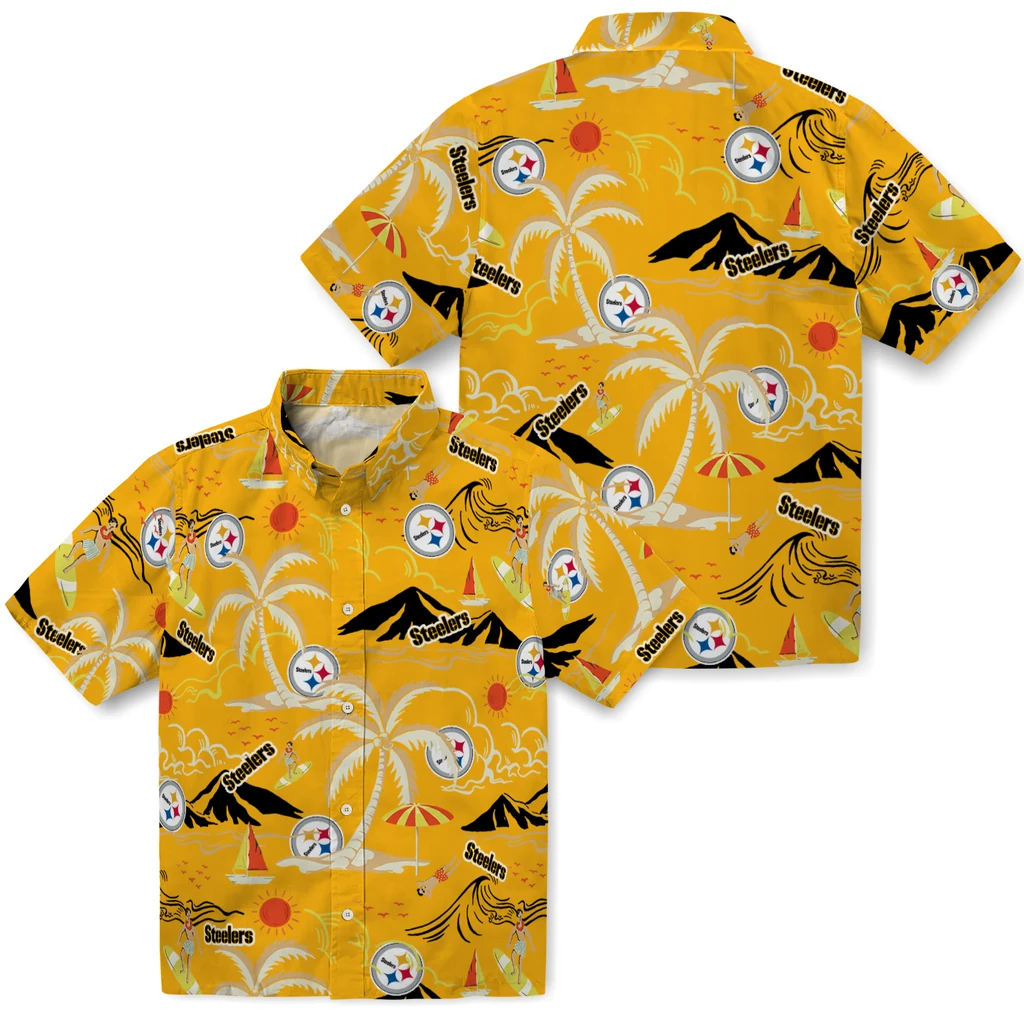 Pittsburgh Steelers Hawaiian Shirt - Palm Tree Island pittsburgh steelers palm tree island gold hawaiian shirts high quality