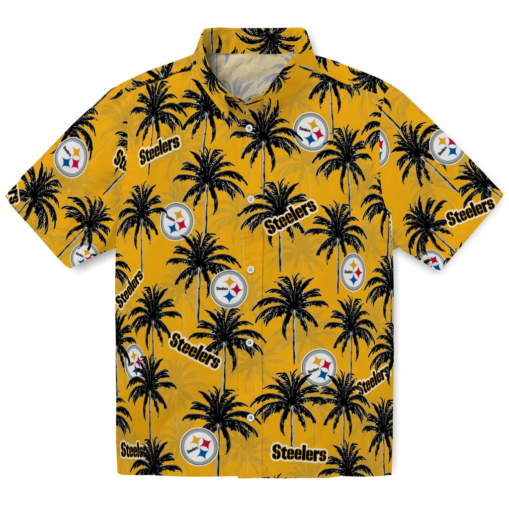 Pittsburgh Steelers Hawaiian Shirt - Palm Tree Motif pittsburgh steelers palm grove gold hawaiian shirts best selling