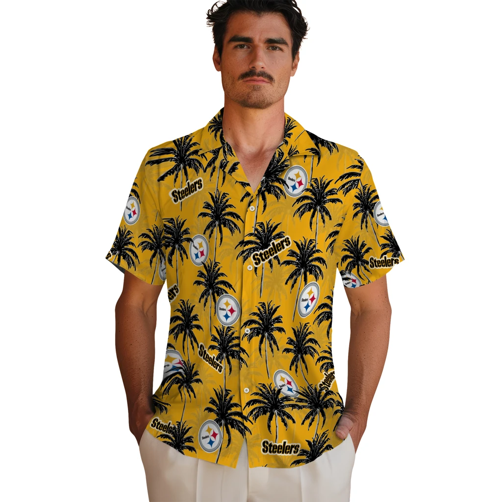 Pittsburgh Steelers Hawaiian Shirt - Palm Tree Motif pittsburgh steelers palm grove gold hawaiian shirts fashion forward
