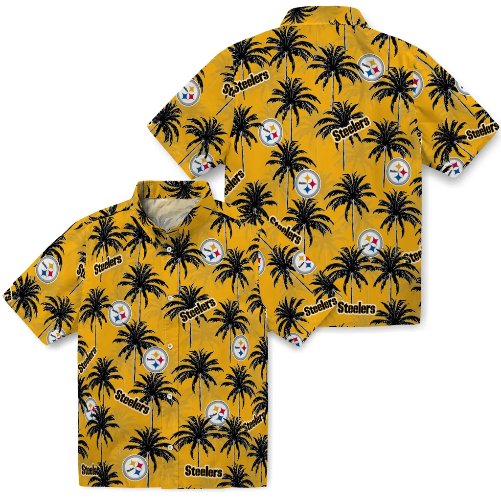 Pittsburgh Steelers Hawaiian Shirt - Palm Tree Motif pittsburgh steelers palm grove gold hawaiian shirts high quality