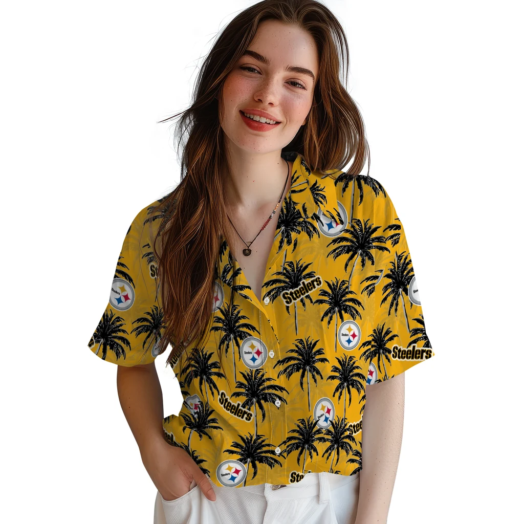 Pittsburgh Steelers Hawaiian Shirt - Palm Tree Motif pittsburgh steelers palm grove gold hawaiian shirts latest model
