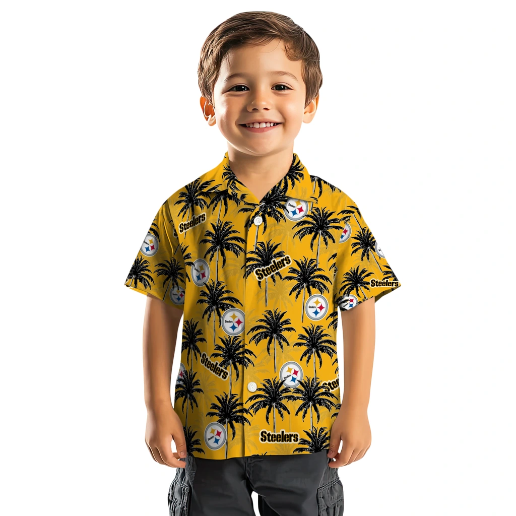 Pittsburgh Steelers Hawaiian Shirt - Palm Tree Motif pittsburgh steelers palm grove gold hawaiian shirts top rated