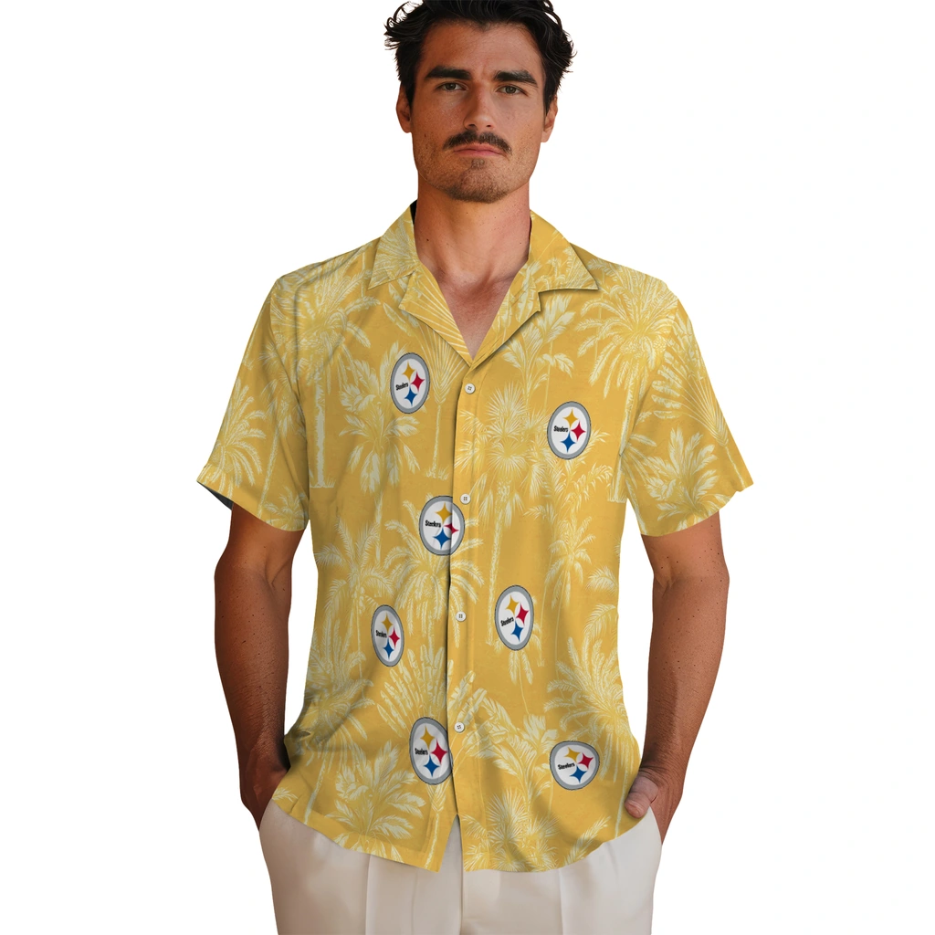 Pittsburgh Steelers Hawaiian Shirt - Vintage Palm Tree pittsburgh steelers palm shadows gold hawaiian shirts fashion forward