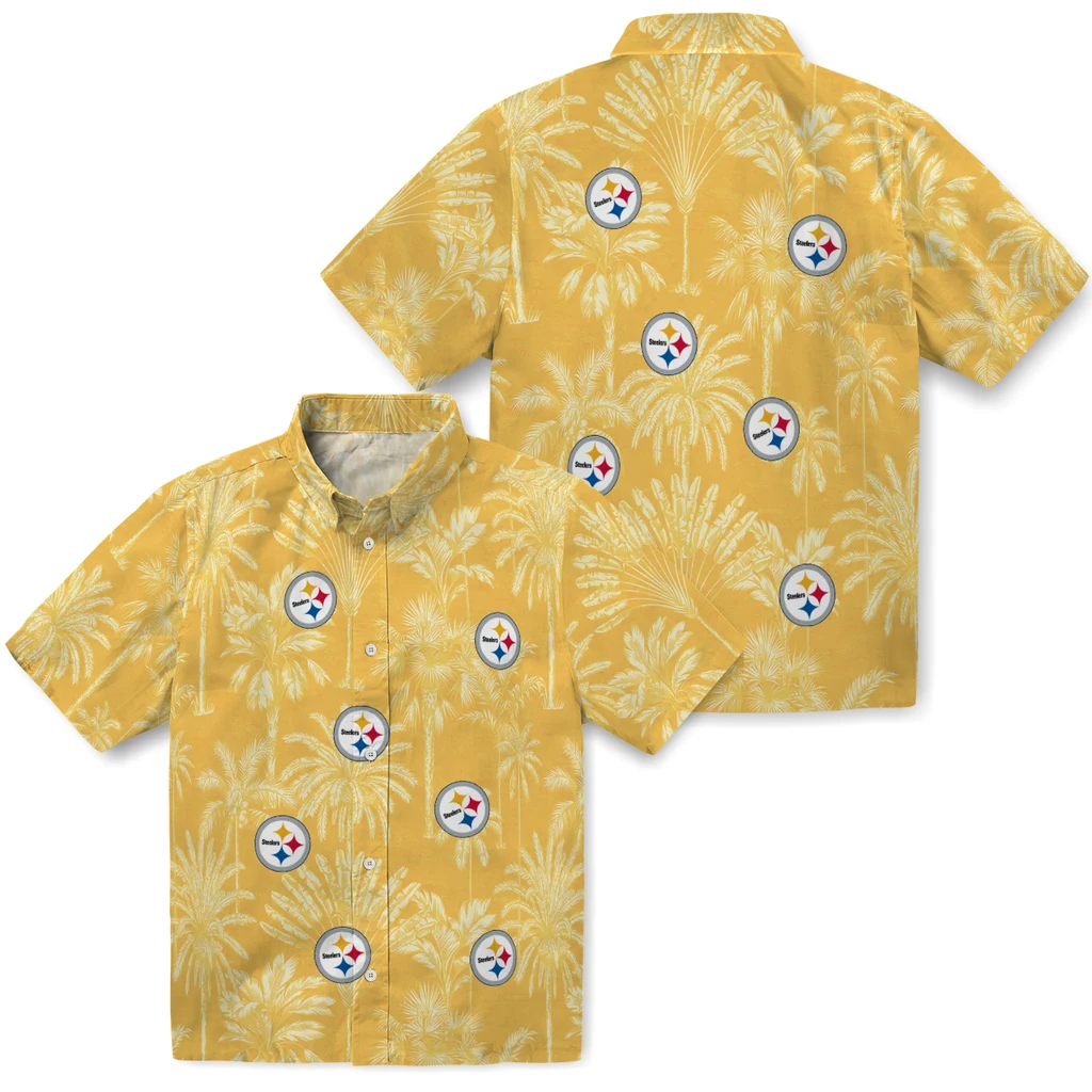 Pittsburgh Steelers Hawaiian Shirt - Vintage Palm Tree pittsburgh steelers palm shadows gold hawaiian shirts high quality