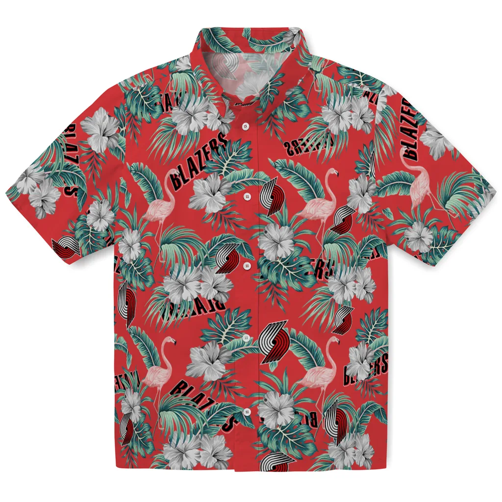 Portland Trail Blazers Hawaiian Shirt - Flamingo and Hibiscus portland trail blazers flamingo palms red hawaiian shirts best selling