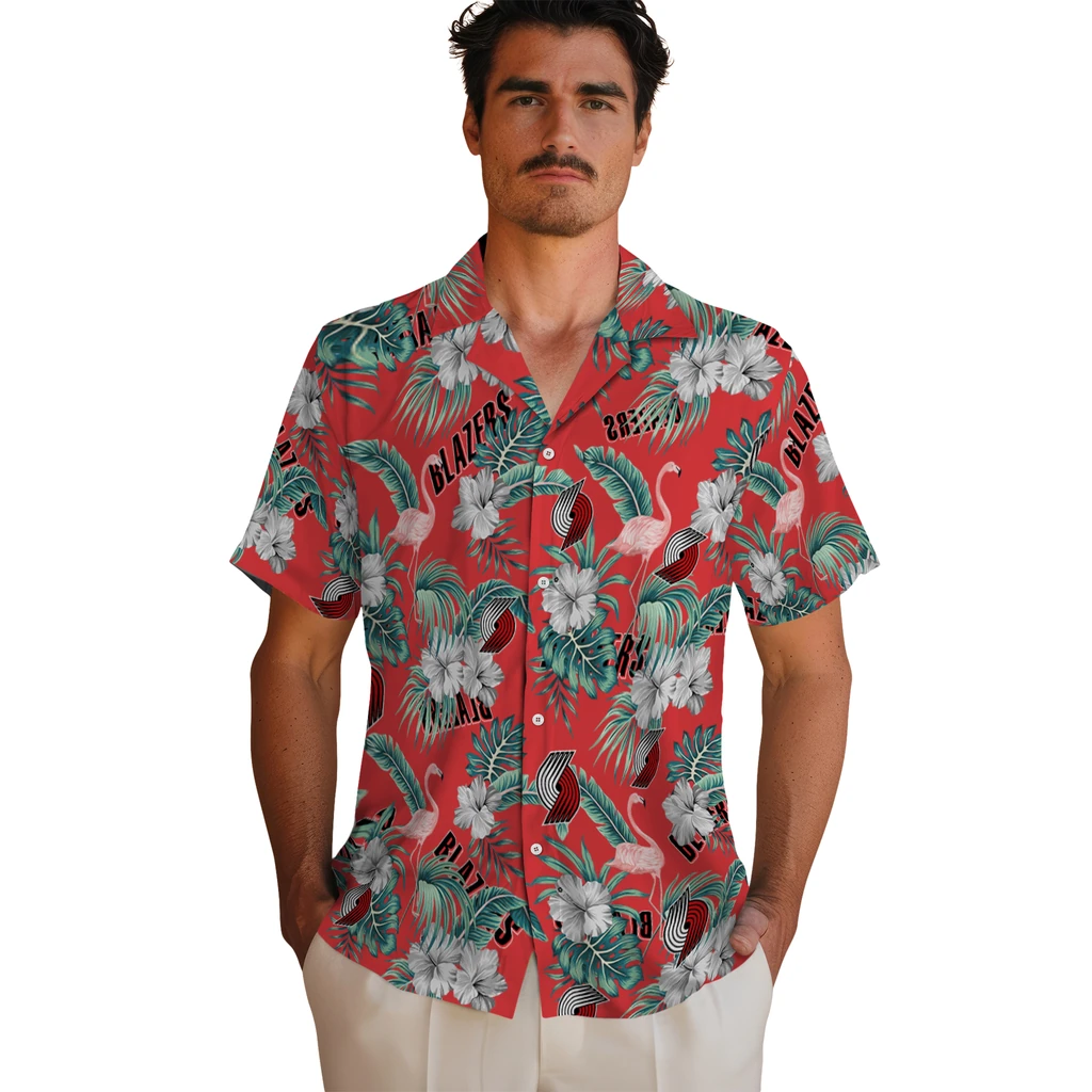 Portland Trail Blazers Hawaiian Shirt - Flamingo and Hibiscus portland trail blazers flamingo palms red hawaiian shirts fashion forward