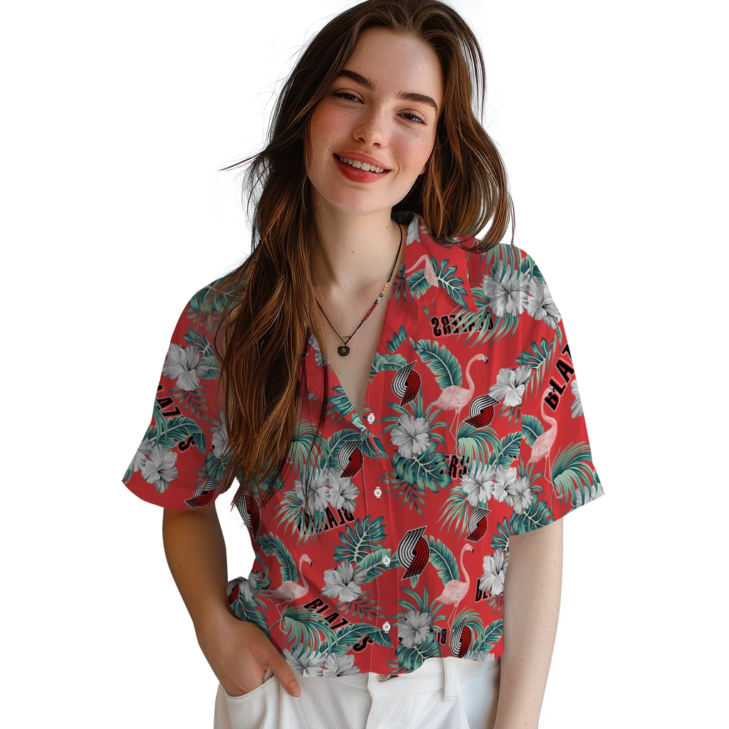Portland Trail Blazers Hawaiian Shirt - Flamingo and Hibiscus portland trail blazers flamingo palms red hawaiian shirts latest model