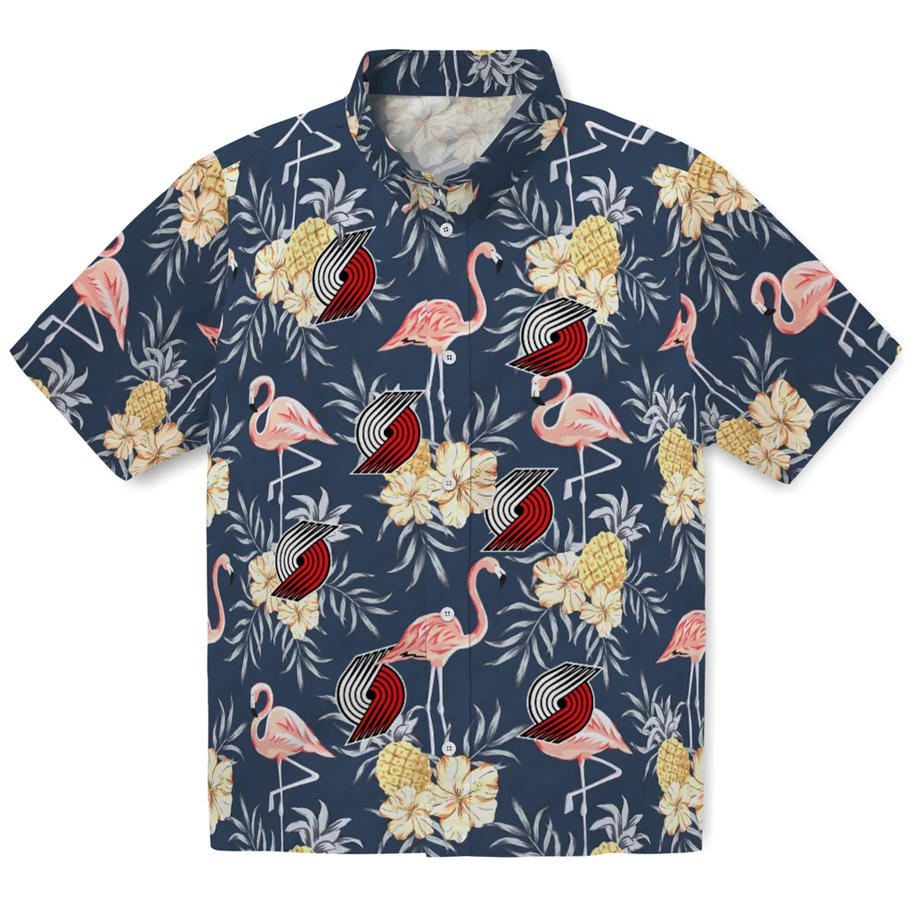 Portland Trail Blazers Hawaiian Shirt - Flamingo Hibiscus portland trail blazers flamingo hibiscus navy hawaiian shirts best selling