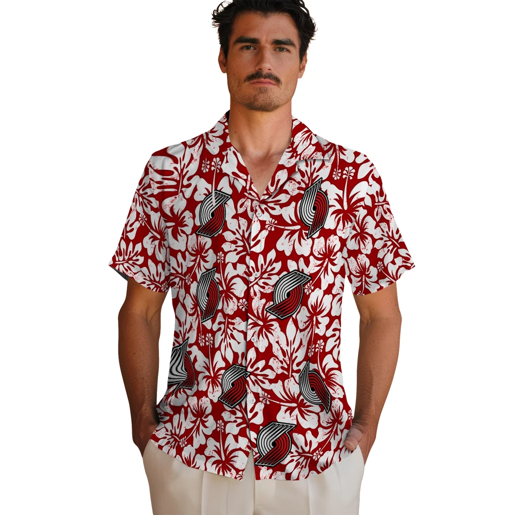 Portland Trail Blazers Hawaiian Shirt - Hibiscus Motif portland trail blazers hibiscus motif red white hawaiian shirts fashion forward