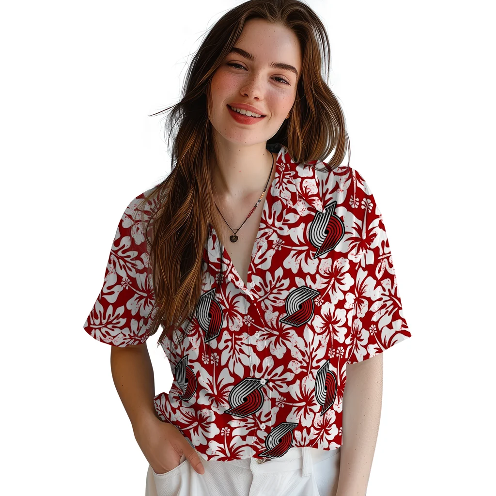 Portland Trail Blazers Hawaiian Shirt - Hibiscus Motif portland trail blazers hibiscus motif red white hawaiian shirts latest model
