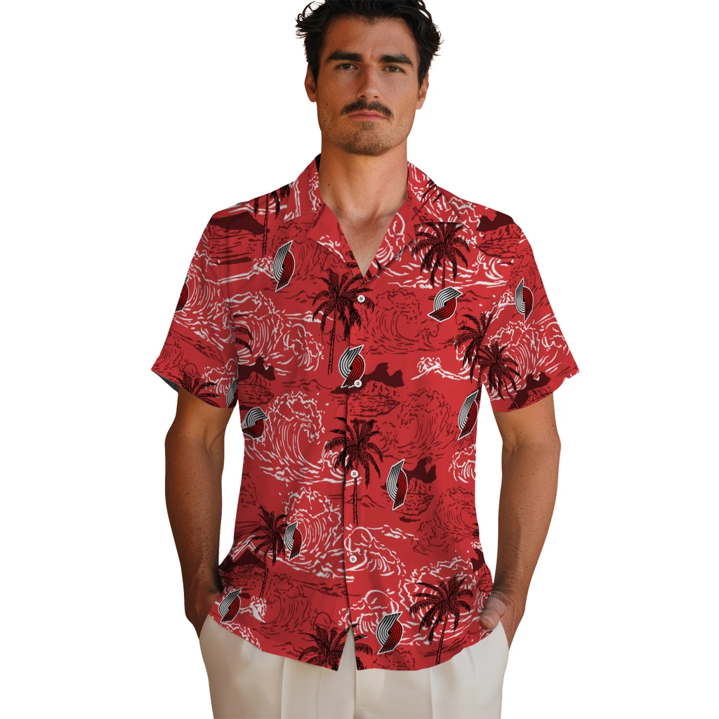 Portland Trail Blazers Hawaiian Shirt - Wave Palm portland trail blazers wave palm red hawaiian shirts fashion forward