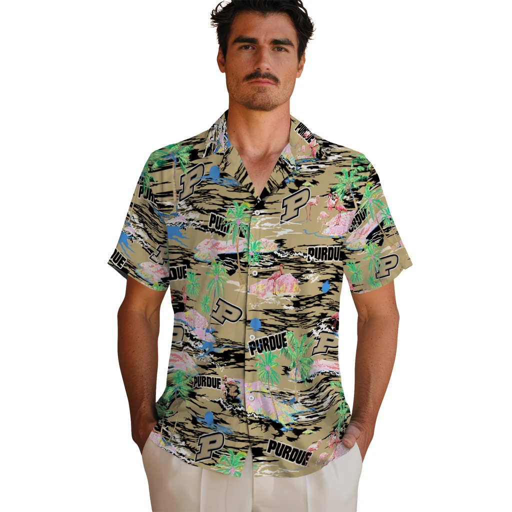 Purdue Boilermakers Hawaiian Shirt - Hawaii Island purdue boilermakers flamingo retreat gold hawaiian shirts fashion forward
