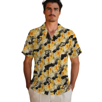 purdue boilermakers hibiscus tropics gold yellow hawaiian shirts fashion forward
