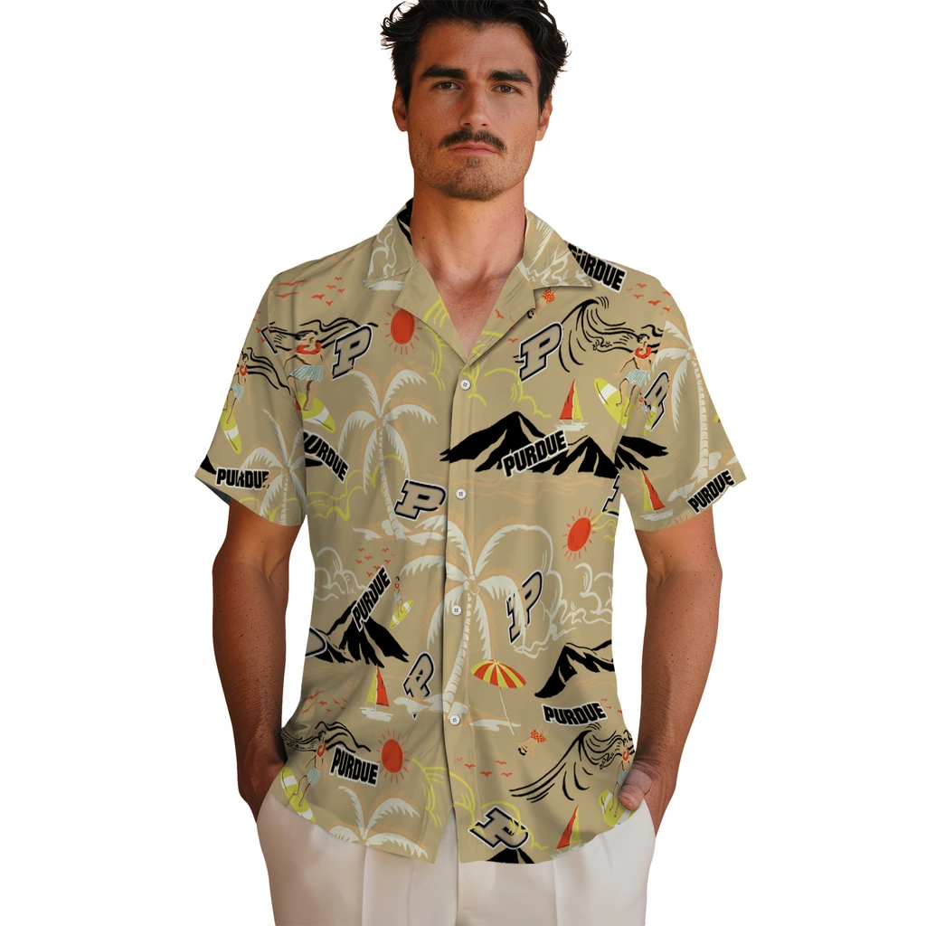 Purdue Boilermakers Hawaiian Shirt - Palm Tree Island purdue boilermakers palm tree island gold hawaiian shirts fashion forward