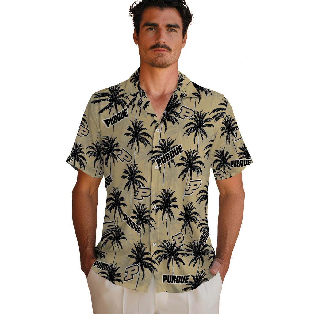 Purdue Boilermakers Hawaiian Shirt - Palm Tree Motif purdue boilermakers palm grove gold hawaiian shirts fashion forward