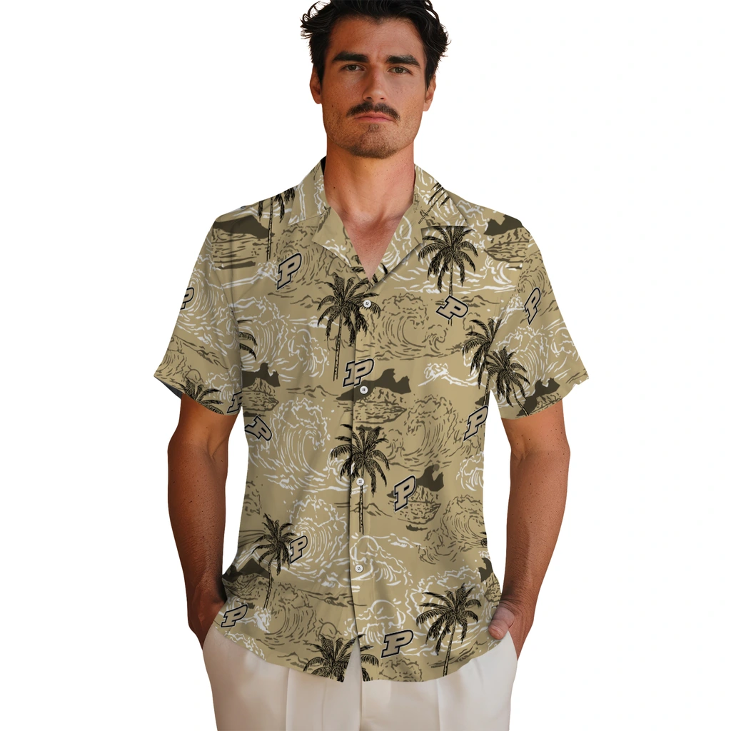 Purdue Boilermakers Hawaiian Shirt - Wave Palm purdue boilermakers wave palm gold hawaiian shirts fashion forward