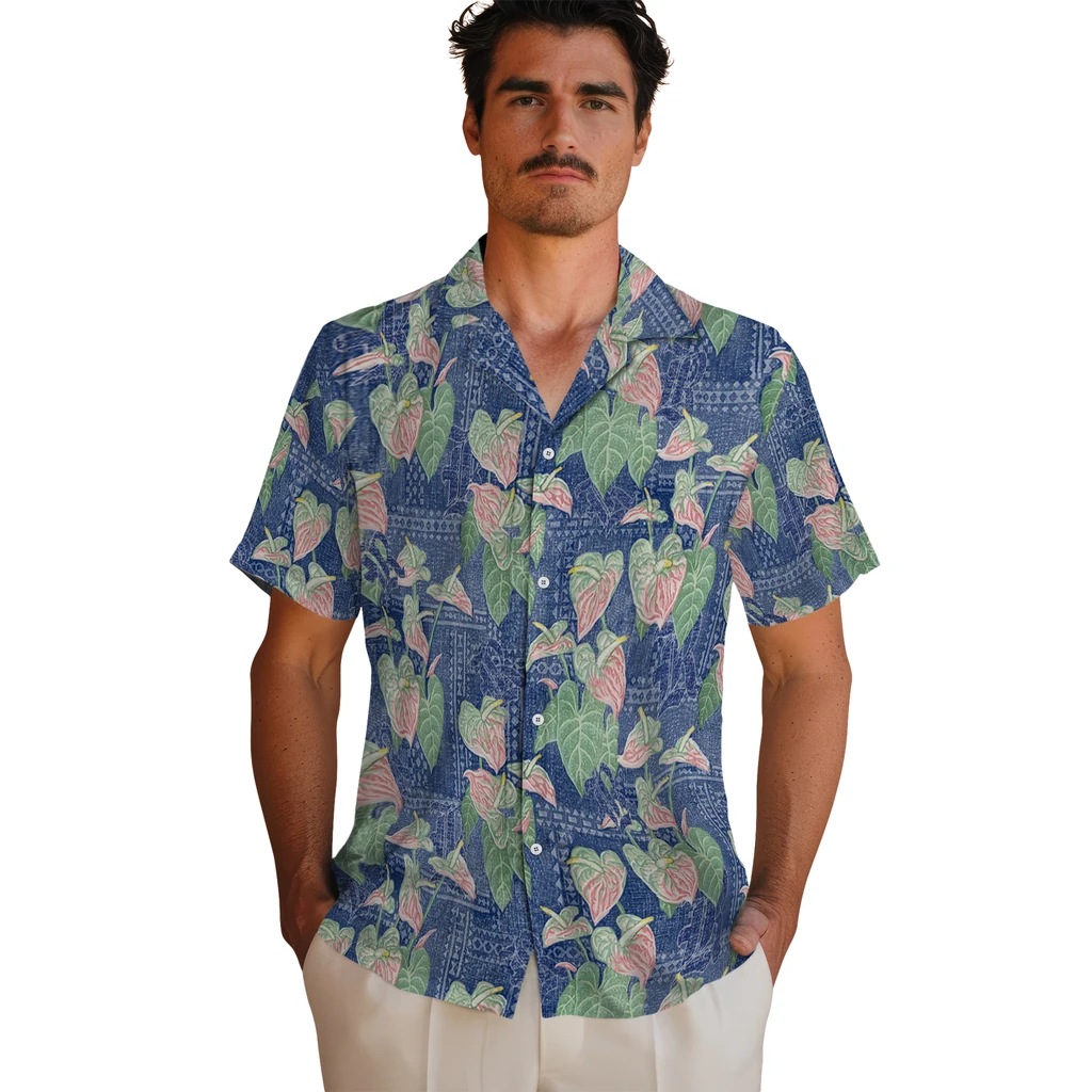 Rice Owls Hawaiian Shirt - Anthurium Overlay rice owls anthurium overlay navy blue hawaiian shirts fashion forward