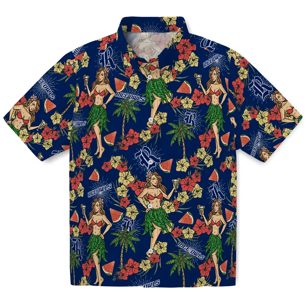 Rice Owls Hawaiian Shirt - Hawaiian Girls Design rice owls hawaiian girls design navy blue hawaiian shirts best selling