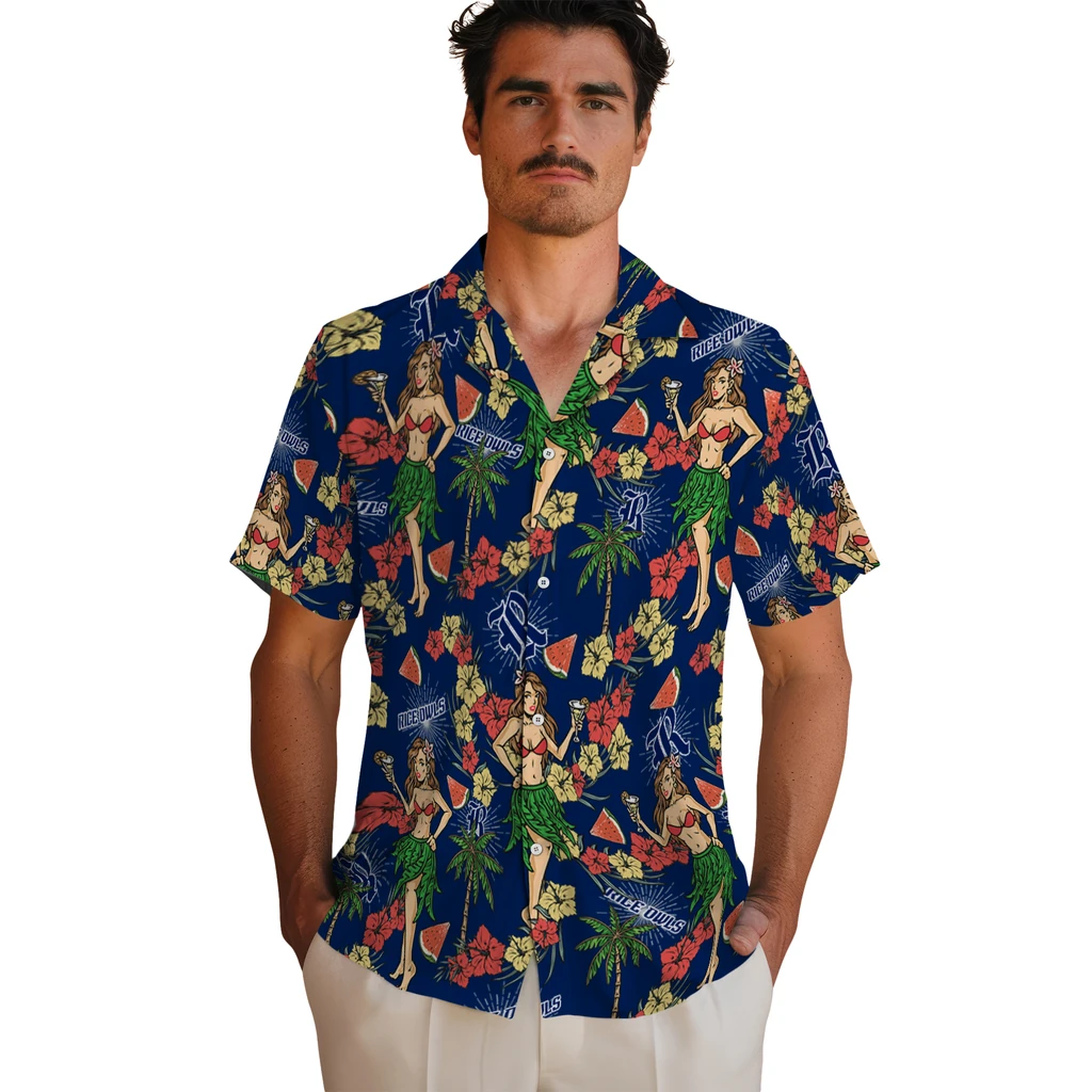 Rice Owls Hawaiian Shirt - Hawaiian Girls Design rice owls hawaiian girls design navy blue hawaiian shirts fashion forward
