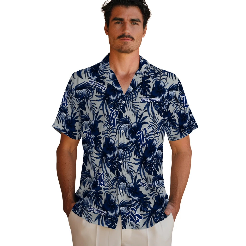 Rice Owls Hawaiian Shirt - Hibiscus Exotic rice owls hibiscus exotic navy blue hawaiian shirts fashion forward