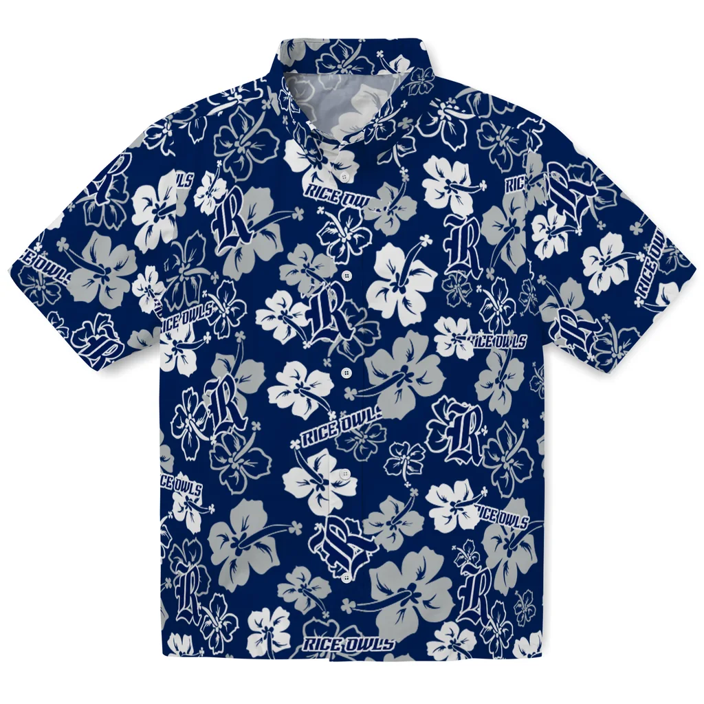 Rice Owls Hawaiian Shirt - Hibiscus Flower Design rice owls hibiscus bloom navy blue hawaiian shirts best selling