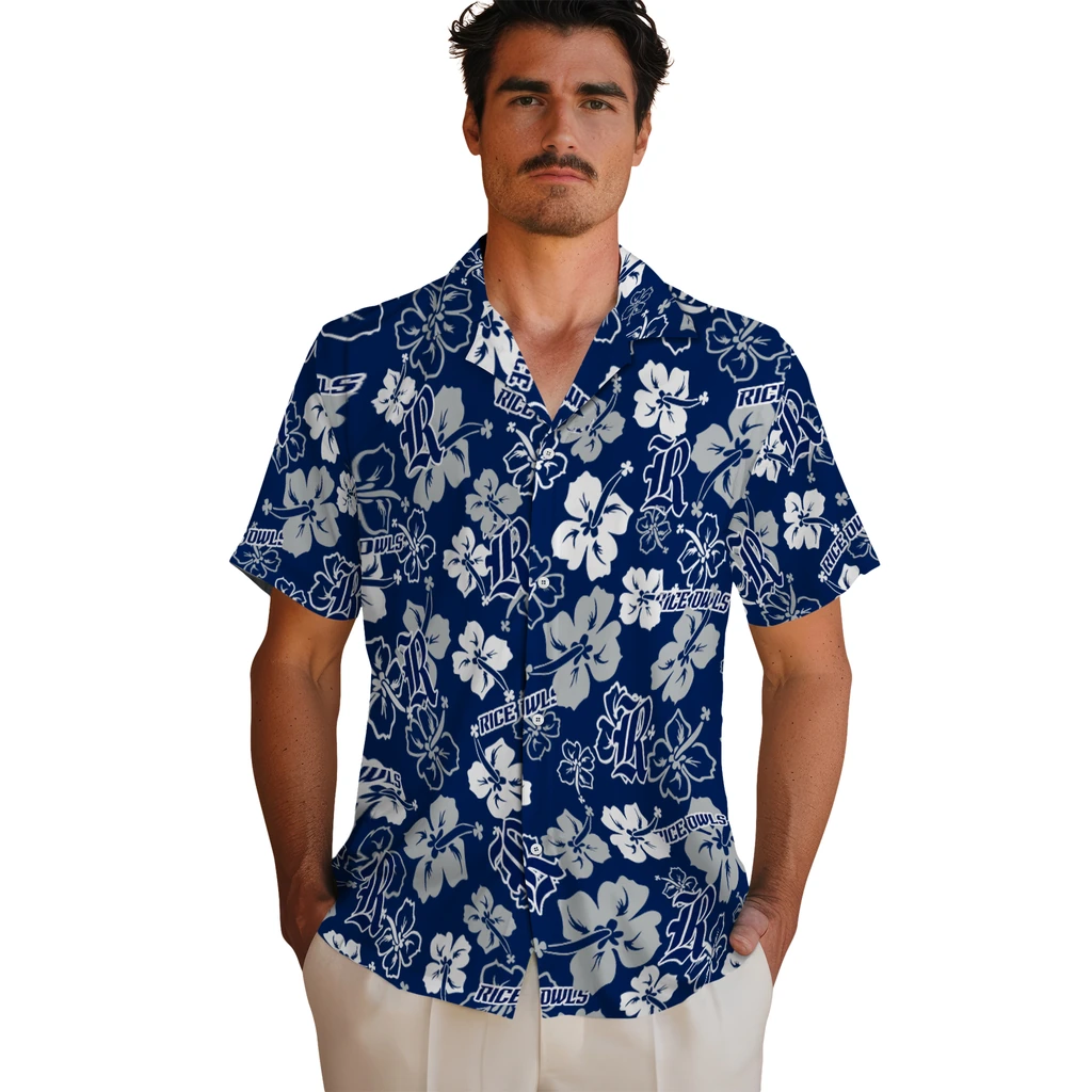 Rice Owls Hawaiian Shirt - Hibiscus Flower Design rice owls hibiscus bloom navy blue hawaiian shirts fashion forward
