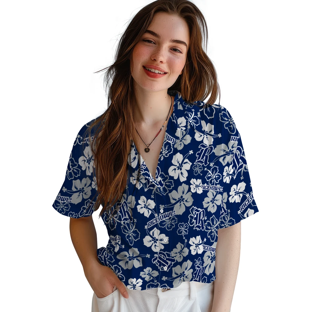 Rice Owls Hawaiian Shirt - Hibiscus Flower Design rice owls hibiscus bloom navy blue hawaiian shirts latest model