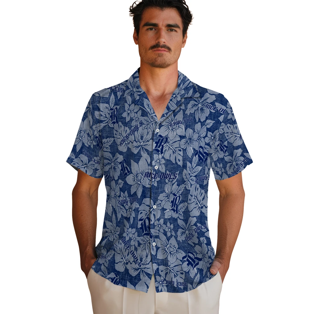 Rice Owls Hawaiian Shirt - Hibiscus Oasis rice owls hibiscus oasis navy blue hawaiian shirts fashion forward