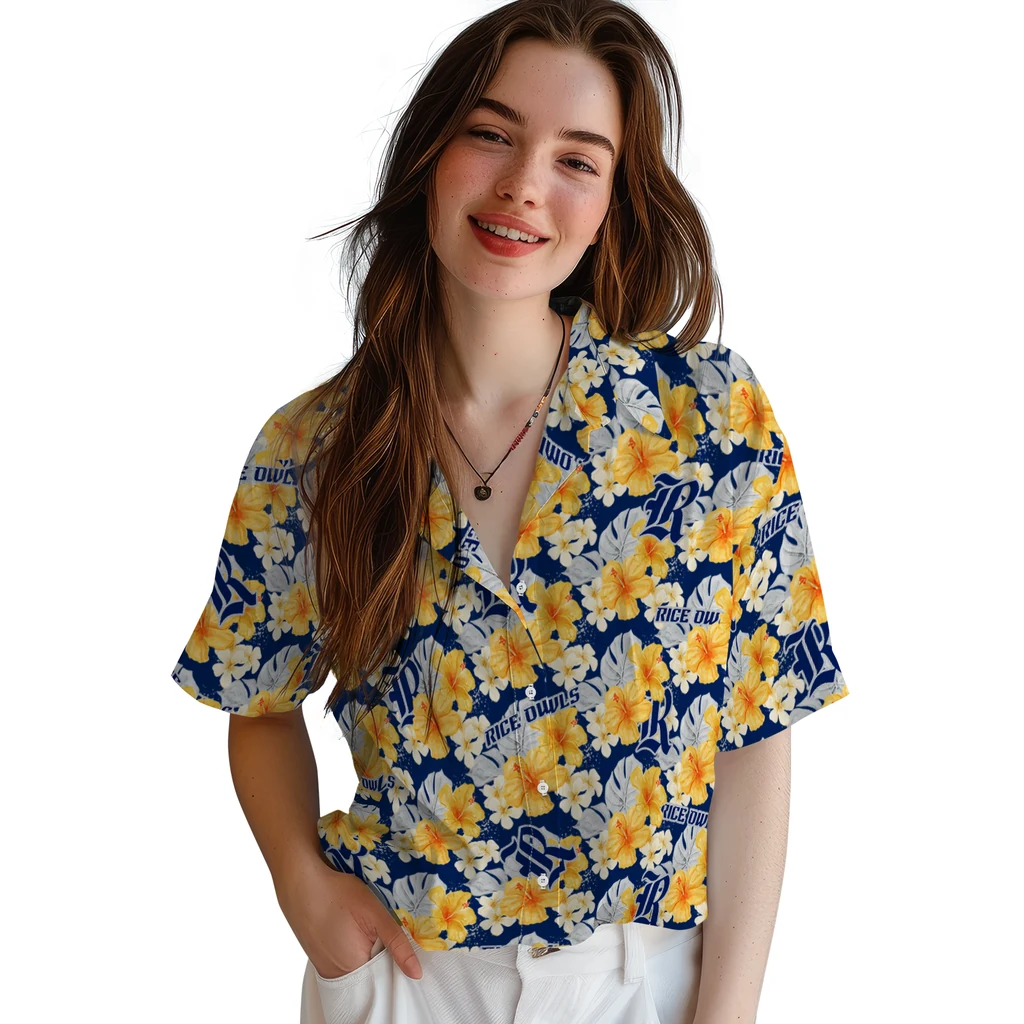 Rice Owls Hawaiian Shirt - Hibiscus Tropics rice owls hibiscus tropics navy blue yellow hawaiian shirts latest model