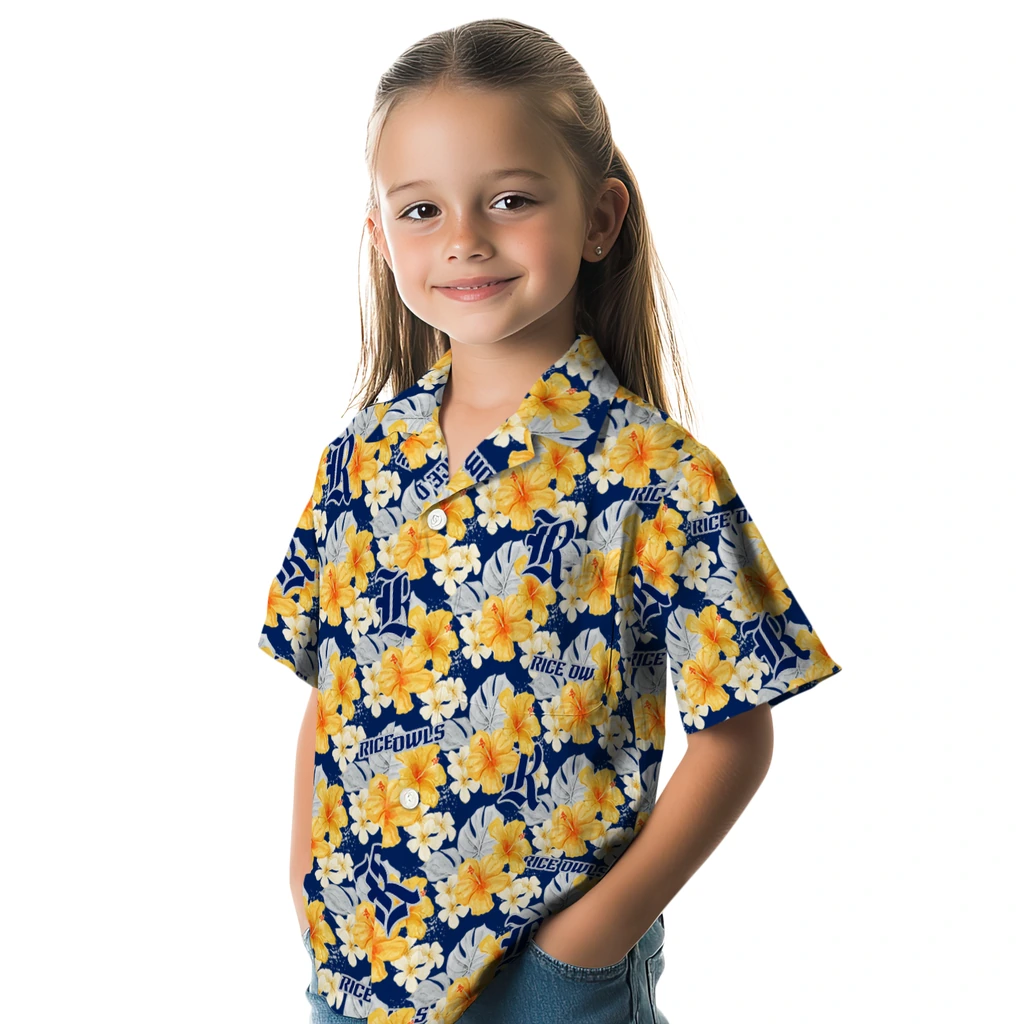 Rice Owls Hawaiian Shirt - Hibiscus Tropics rice owls hibiscus tropics navy blue yellow hawaiian shirts premium grade