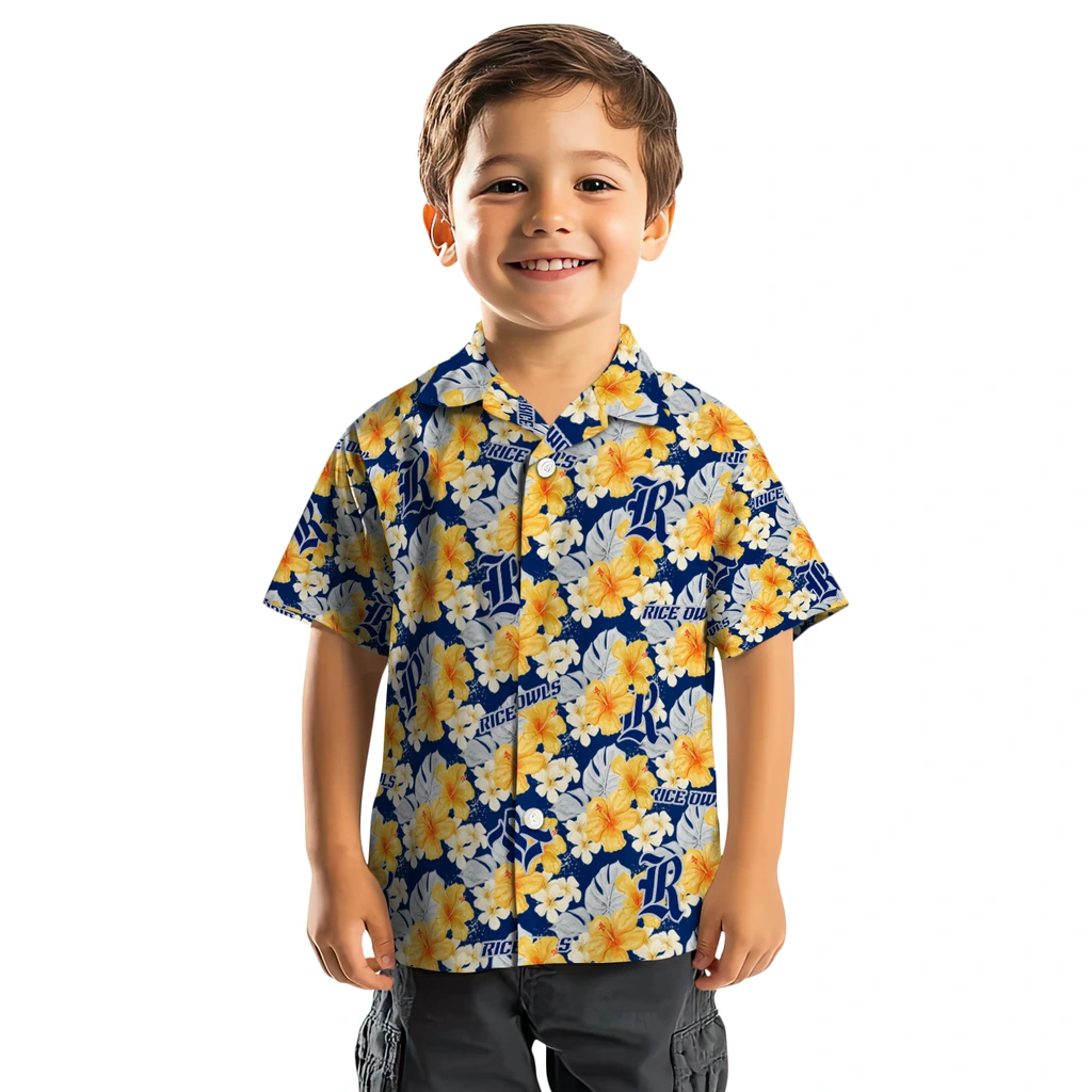 Rice Owls Hawaiian Shirt - Hibiscus Tropics rice owls hibiscus tropics navy blue yellow hawaiian shirts top rated