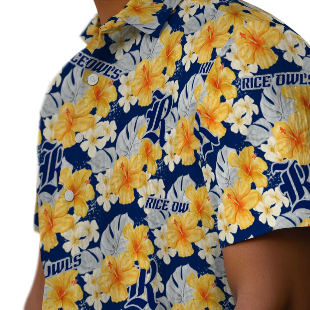 Rice Owls Hawaiian Shirt - Hibiscus Tropics rice owls hibiscus tropics navy blue yellow hawaiian shirts trendy