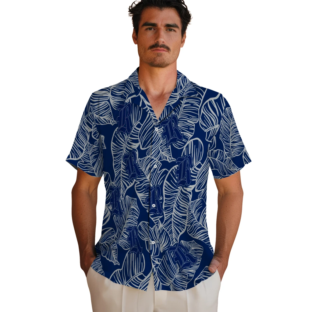 Rice Owls Hawaiian Shirt - Leaf Outline rice owls leaf outline navy blue hawaiian shirts fashion forward